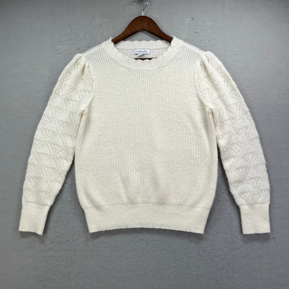 Liz Claiborne Sweater Womens Medium White Geometric Puff Sleeve Pointelle Knit